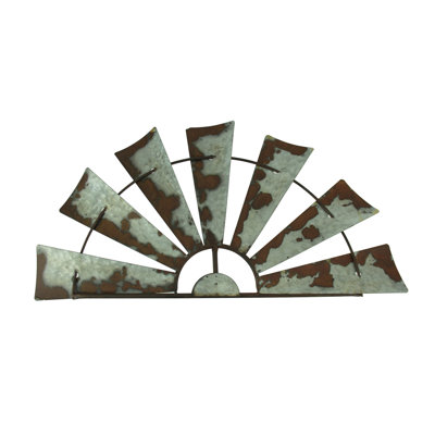 Weathered galvanized metal half windmill wall sculpture in distressed silver-gray with faux rust — 24" x 12.5" x 0.25"