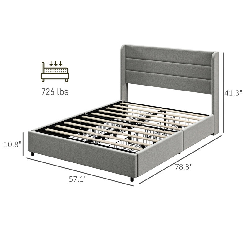 Lit double avec tête de lit - plateforme rembourrée avec rangement adéquat, pas de bruit, facile à assembler, sommier tapissier, tiroirs de rangement à cadre gris, silencieux, assemblé,