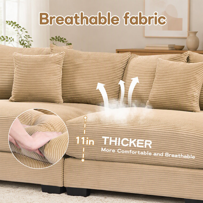 Canapé d'angle modulaire surdimensionné Cloud avec velours côtelé haut de gamme, accoudoirs extra-épais, coussins résistants et 12 coussins décoratifs pour un confort et un style ultimes.