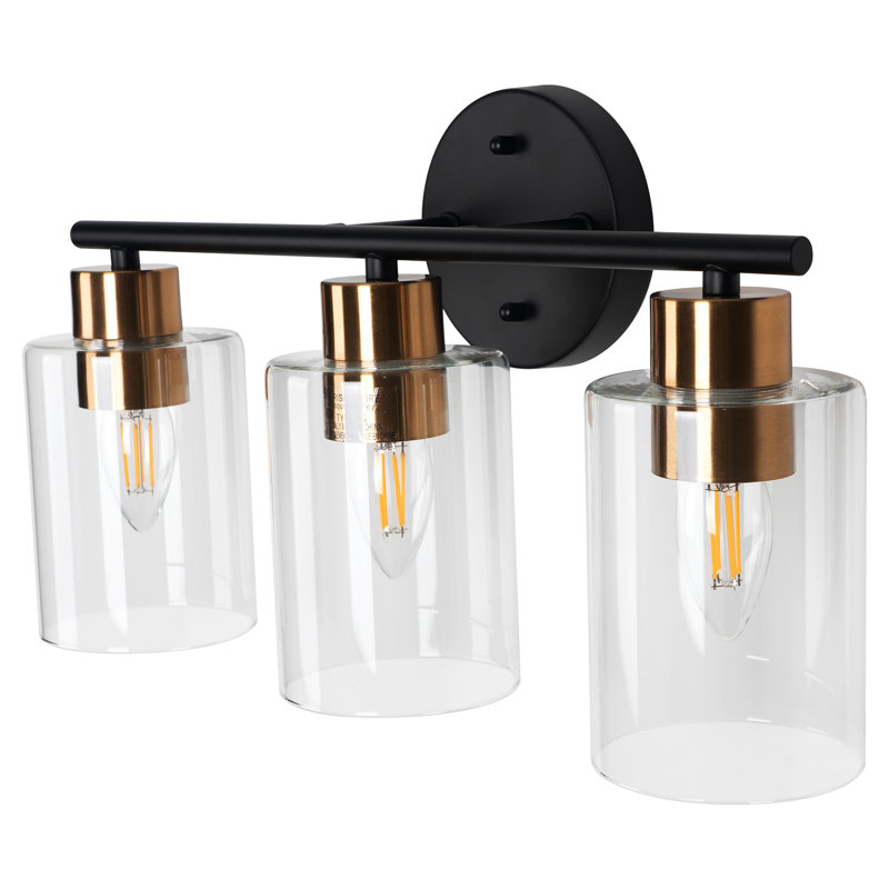 Modern 17.7 In. 3-light Black And Copper Wall Sconce With Glass Shade, Industrial Style For Mirror, No Bulbs Included