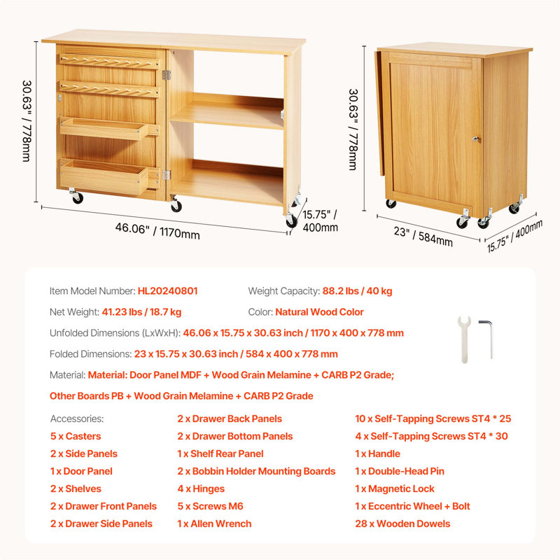 Table de machine à coudre pliante polyvalente avec tablettes de rangement, roues, portes magnétiques pour l'artisanat domestique