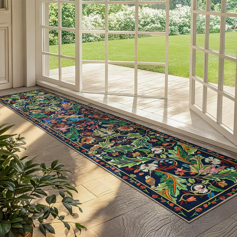 Tapis de couloir botanique 2 x 10 pour couloirs antidérapants, longs tapis de couloir de la jungle Boho lavables, tapis de couloir floral doux pour les oiseaux, le couloir, la chambre à coucher, la salle de bain (vert foncé)