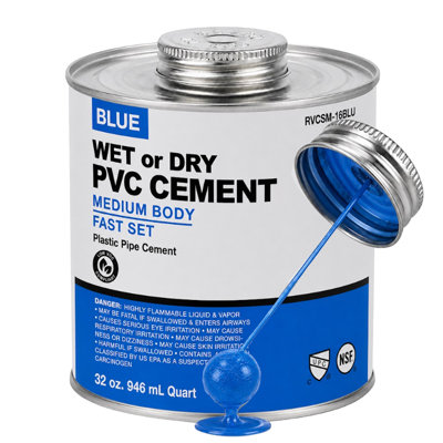 SUPPLYGIANT 32 oz PVC Wet or Dry Blue Cement Regular Body Fast Set for Potable Water Sewer and Drain Vent Low - VOC