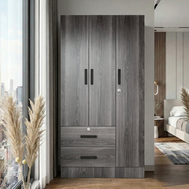 Keilson 3 Doors Wardrobe, 2 Drawers, 1 Lock - 36W, Gray