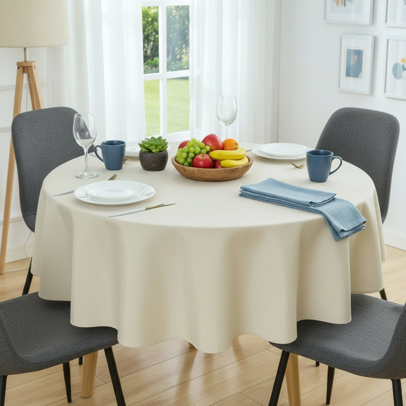 60-Inch Beige Faux Linen Round Tablecloth, Textured Fabric, Stain-Resistant, Wrinkle-Resistant, Washable, Ideal For Home Dining Tables.