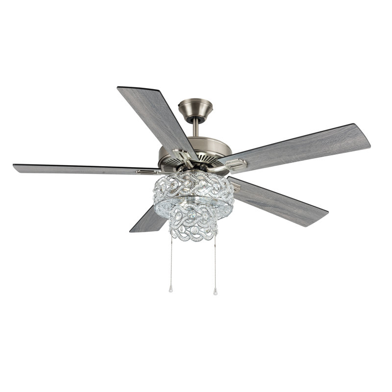 Ventilateur de plafond à pales grises ou noires avec finition nickel et incrustation de cristal de 52 po de largeur Alessandra