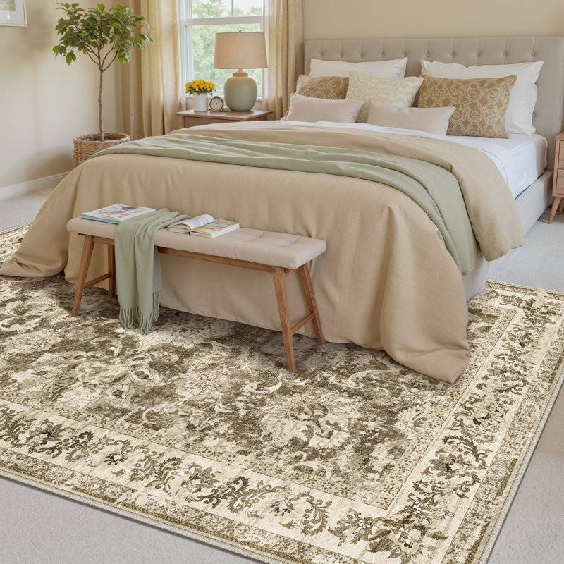 Stella Machine Washable Oriental Brown Area Rug With Non-Slip Backing, Rectangle 6' x 9'