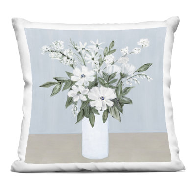 Mixed White Blooms on Blue Decorative Printed Throw Pillow, design by Marilyn Dunlap