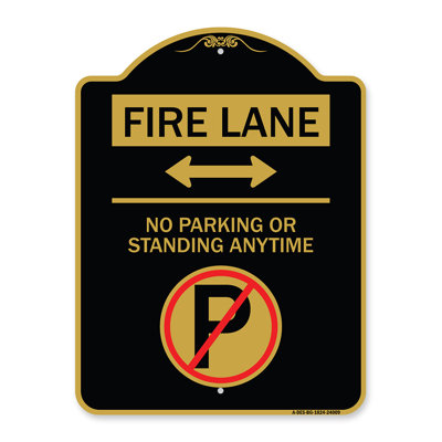 Signe de la série Designer de Signmission - allée de feu - pas de stationnements ou debout (sans symbole de stationnement et flèche bidirectionnelle) | Enseigne architecturale noire et dorée en aluminium de gros calibre 18 po x 18 po