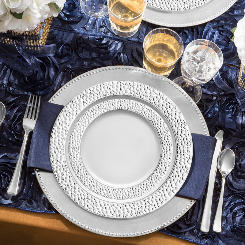 White with Silver Hammered Rim Round Plastic Wedding Value Set - 30 Settings