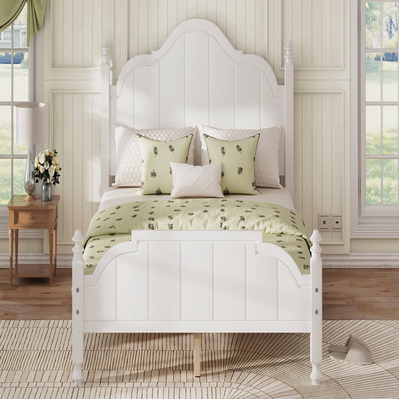 Structure de lit double avec tête de lit, support en bois rétro avec lattes, plateforme complète, aucun sommier requis, Blanc