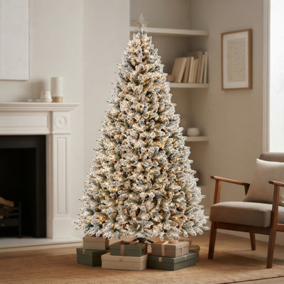 Arbre de Noël enneigé 8 pi, arbre de Noël artificiel pré-éclairé avec lumières DEL blanc chaud, profil enneigé complet pour la pièce maîtresse du salon