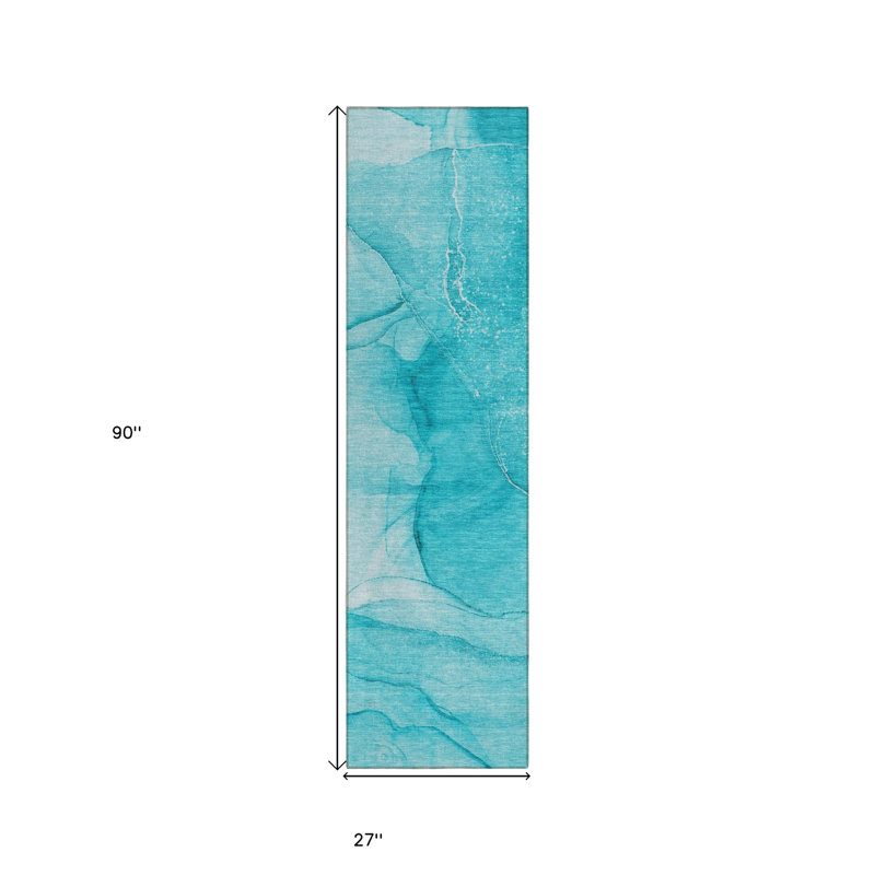 8' Runner Teal Abstract Washable Non Skid Indoor Outdoor Runner Rug