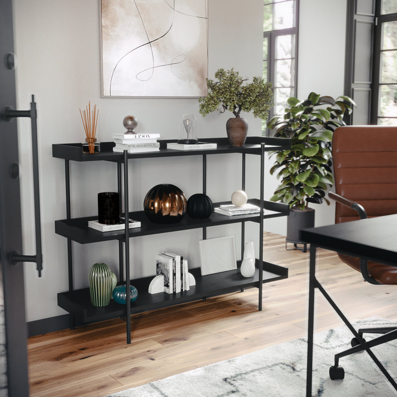 Raines Martha Stewart Emmett 3 Shelf Storage Display Unit Bookcase with Metal Frame, Black Wood Grain/Oil Rubbed Bronze