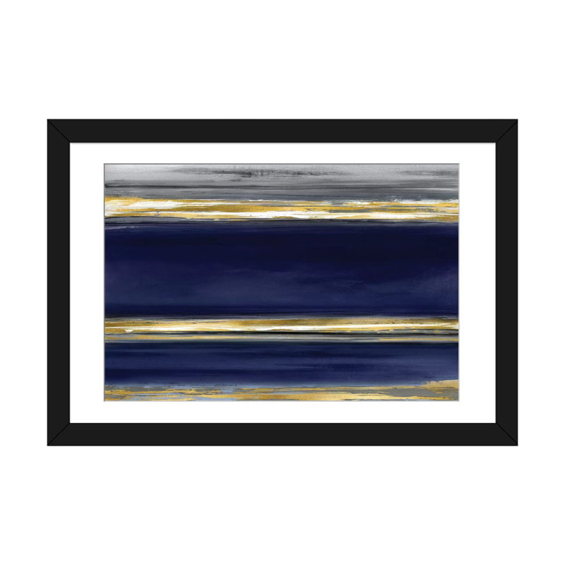 «Parallel Lines on Indigo», impression sur toile, H 24 po x l 32 po x P 1 po, Papier d'art encadré noir, Blanc