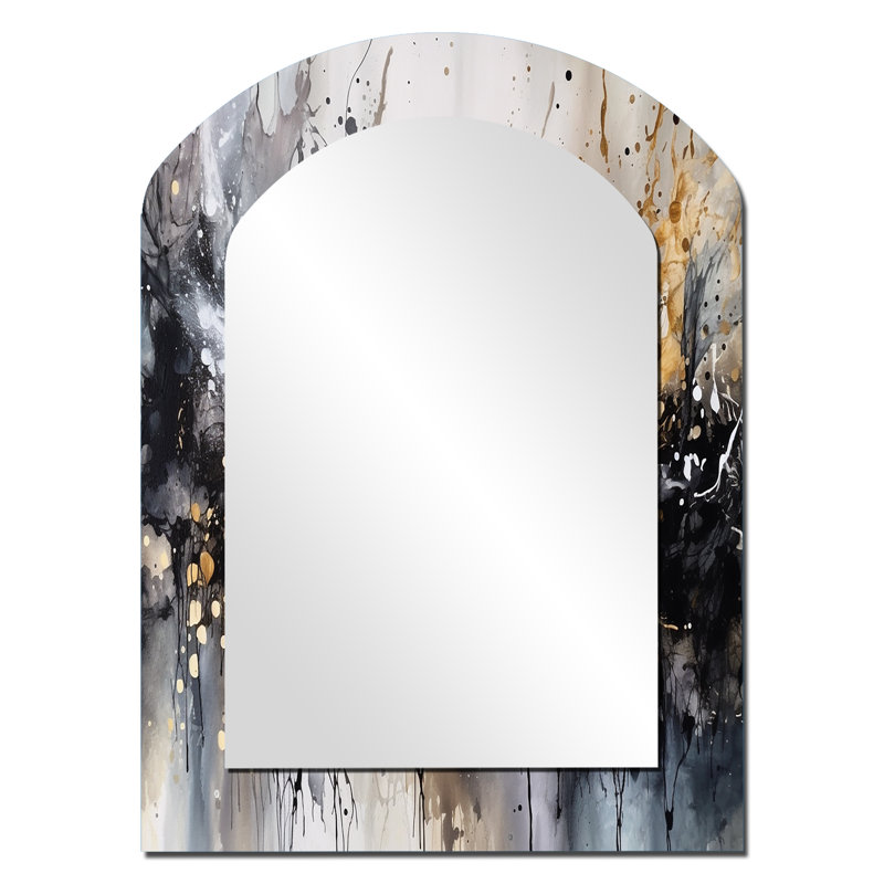 Grey Gold Delicate Abstract Brushstrokes III - Marble Asymmetrical Unique Wall Mirror, Modern Arch Mirror, Printed Metal Art