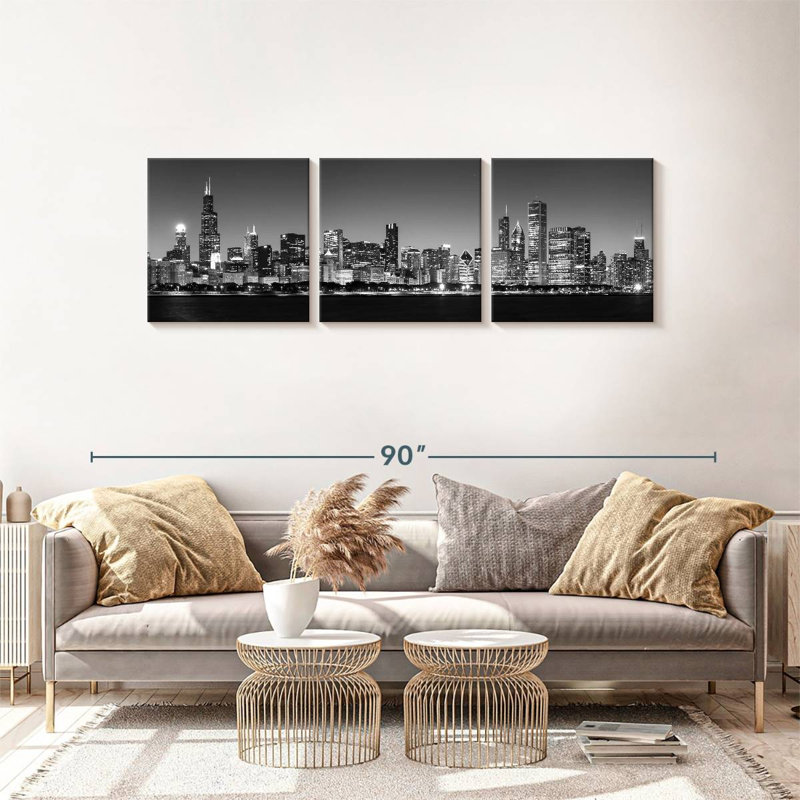Noir Chicago Skyline, 3 pièces, H 24 po x l 74 po x P 1,25 po