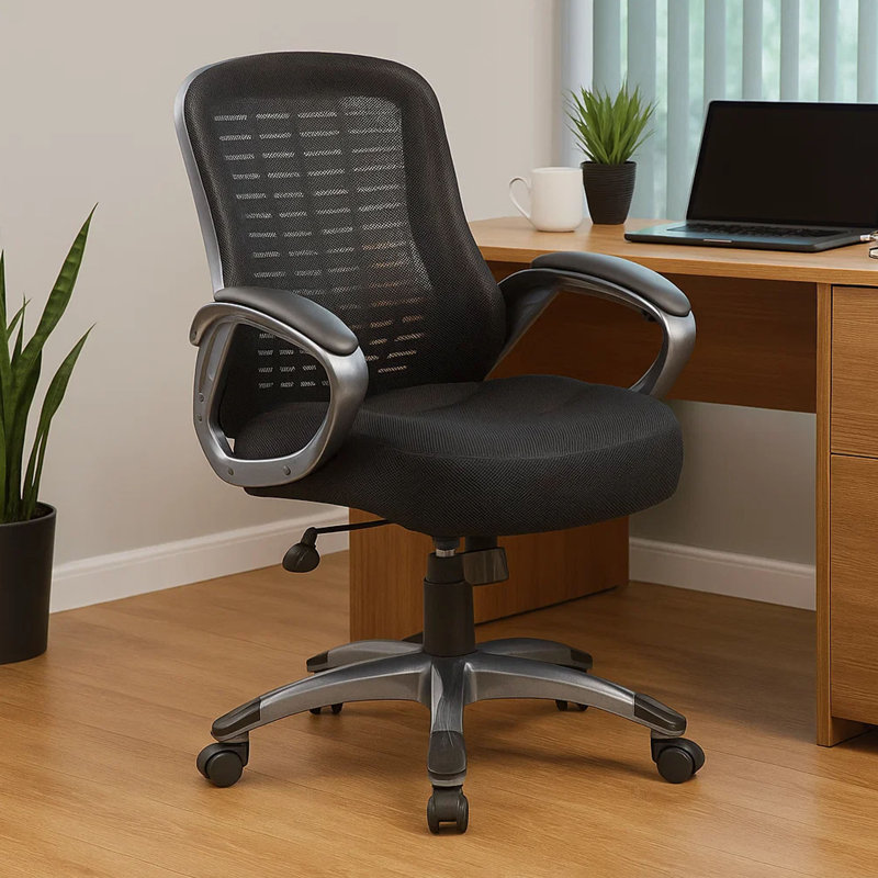 Chaise de bureau roulante à haut dossier, filet noir et vinyle, support lombaire