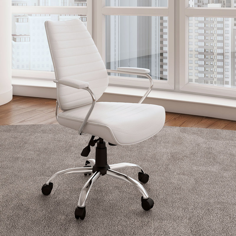 Chaise de travail en cuir véritable Dagenham, Acier inoxydable poli, Ivoire blanc