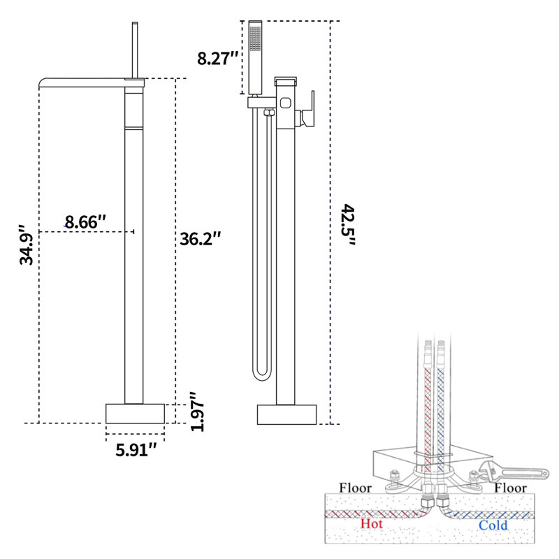 Single-Handle Floor Mount Freestanding Bathtub Faucet Waterfall Tub Filler With Handheld Shower, Brushed Nickel