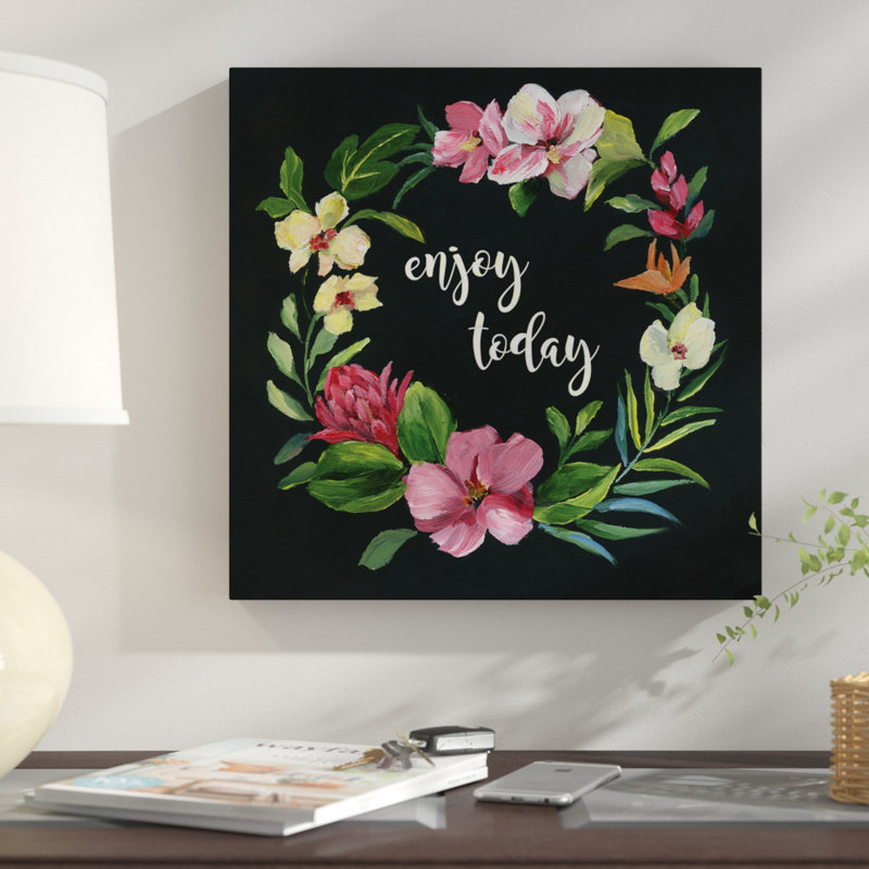 «Tropic Wreath Enjoy Today», peinture, Toile tendue, H 16 po x l 16 po x 1,5 po