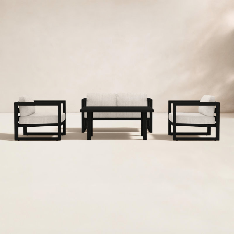 Avion 4 Piece Sofa Seating Group with Sunbrella Cushions, Cast Silver Sunbrella®, 25" H x 54" W x 25.5" D, Black