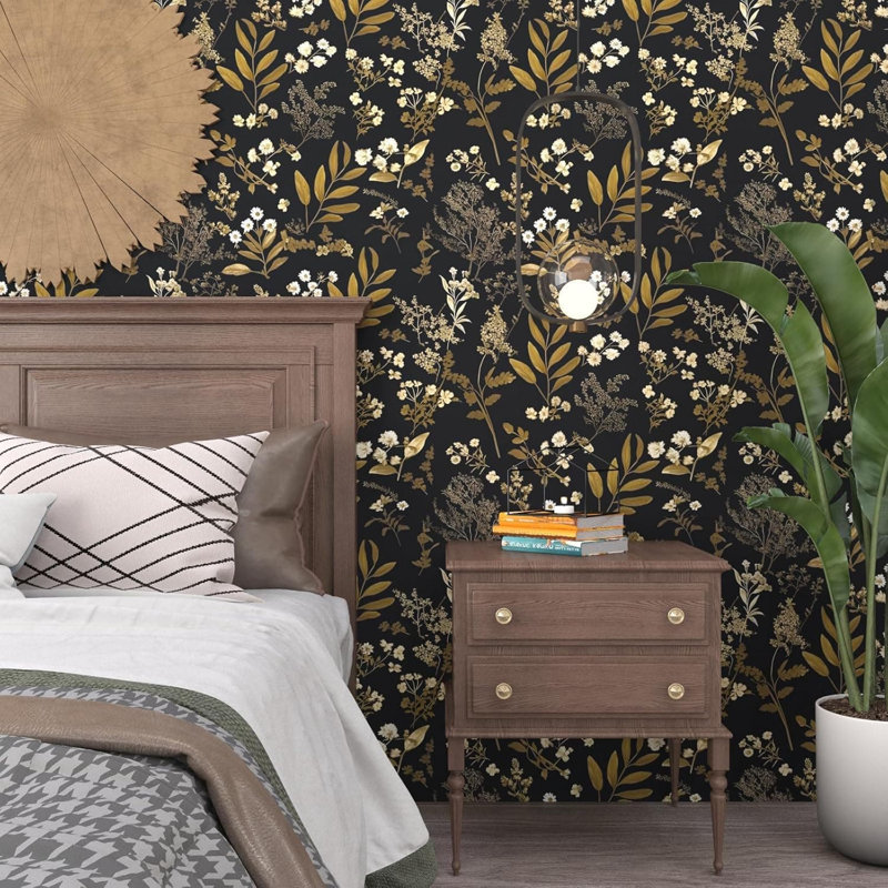 Papier peint adhésif noir et noir à motif floral auto-adhésif pour décoration murale, botanique et imperméable