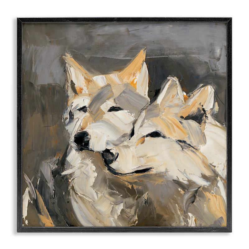 «Cuddling Wolf pair» par Julie Denise, H 12 po x l 12 po, Giclée encadrée noir minuit