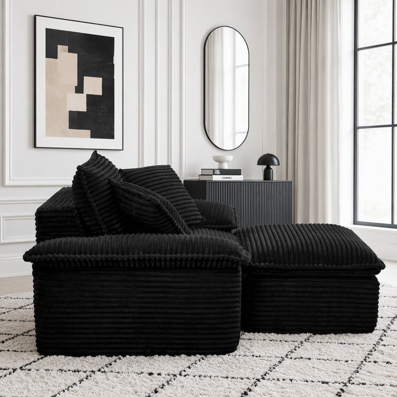 Upholstered 63.39 " Fabric Sofa & Chaise, Tissu noir
