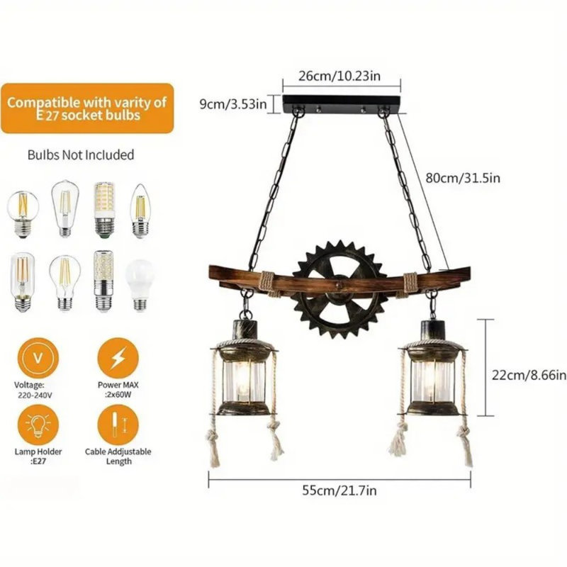 Luminaire suspendu industriel suspendu en bois Farmhouse Chandelier