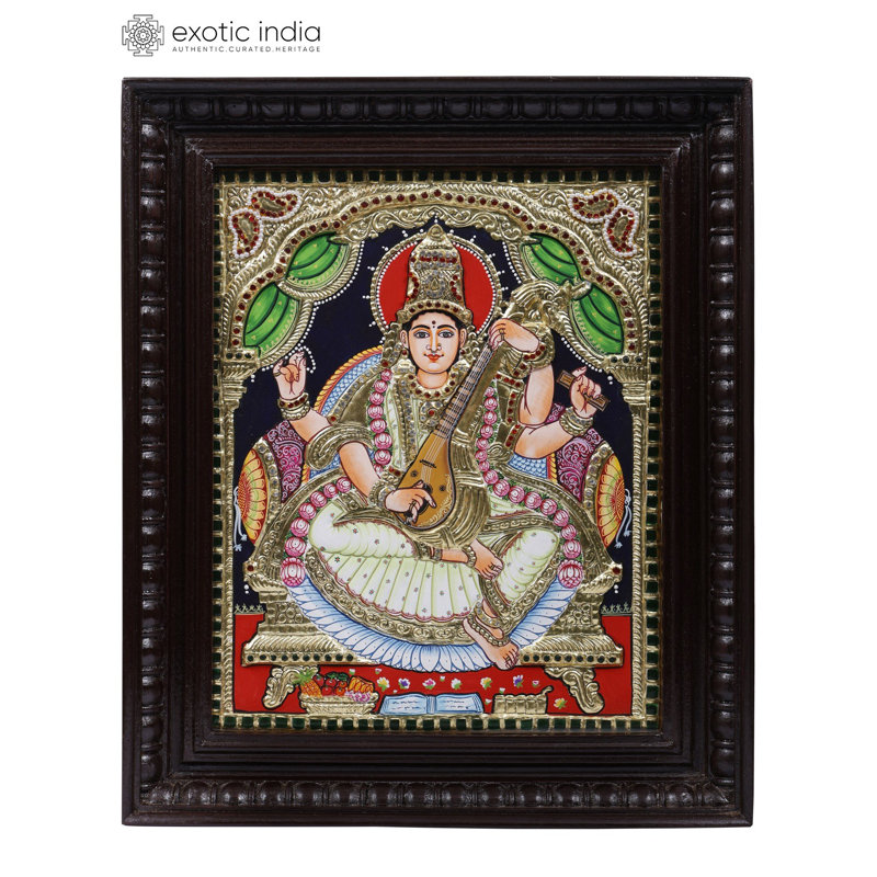 Devi Saraswati | Or 24 carats | Peinture encadrée de Tanjore