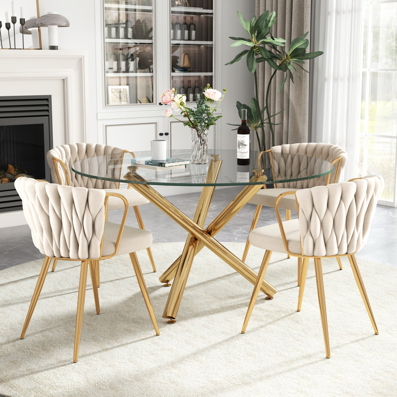 Ensemble de salle à manger 47 po, Beige, 5 pièces: table, 4 chaises, Doré