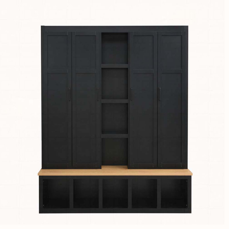 62.9"Wide Farmhouse Hall Tree with 6 Hooks, Open Compartments, Entryway Shoe Cabinet with Seating Bench for Living Room, Hallway