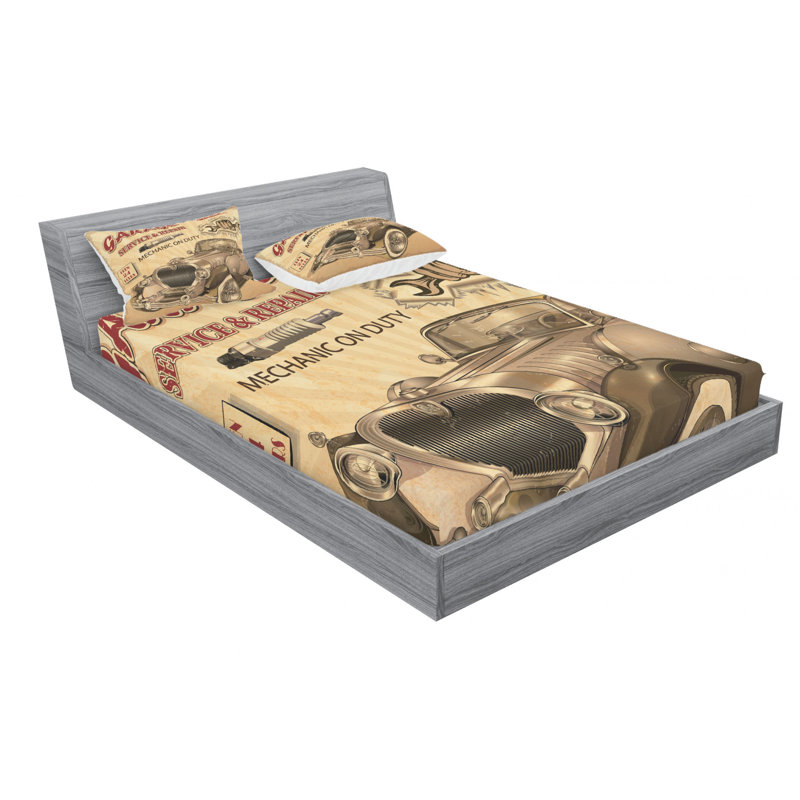 Ensemble de draps Nostalgic Car with Garage, Ensemble de draps pour grand lit avec 2 taies d'or