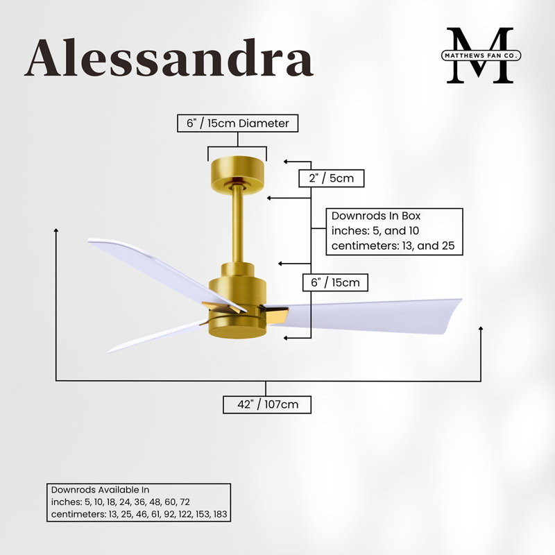 Alessandra Outdoor Downrod Ceiling Fan, Brushed Brass, Matte White