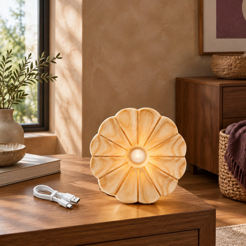 For indoor use, this rechargeable ash-wood flower night light combines motion sensing, magnetic wireless mounting, and warm white 3000K illumination for entryways, hallways, stairs, and kitchens.