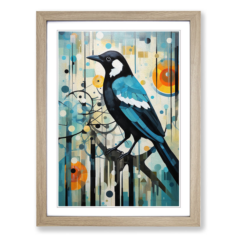 Magpie Dadaism - Single Picture Frame Print on Wood, Oak Framed, 34cm H x 25cm W x 2cm D