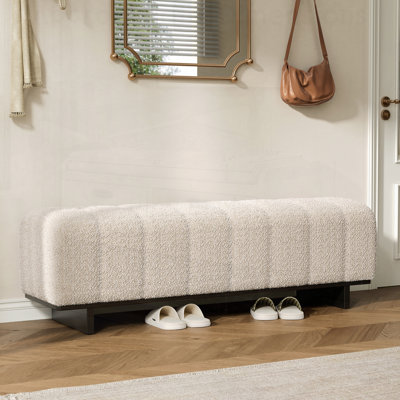 Beige Faux Fur Fabric Indoor Dining Bench with Sturdy Rubber Wood Legs, Comfortable and Stylish Seating for Dining Room or Living Area