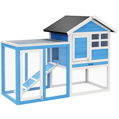 48" Rabbit Cage With Waterproof Asphalt Roofing, Blue, Fir Wood, Suitable For Indoor & Outdoor, Removable Tray Blue Wooden - With And Comfortable Sleeping Area