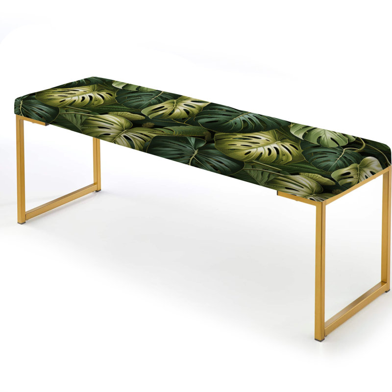 Floral Upholstered Gold Bench, Monstera Mirage Tropical Pattern