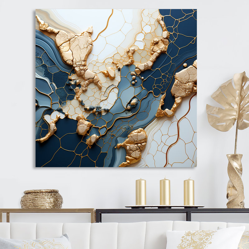 «Blue and Gold Marble River III», art mural abstrait à encre liquide, Toile tendue, H 30 po x l 30 po