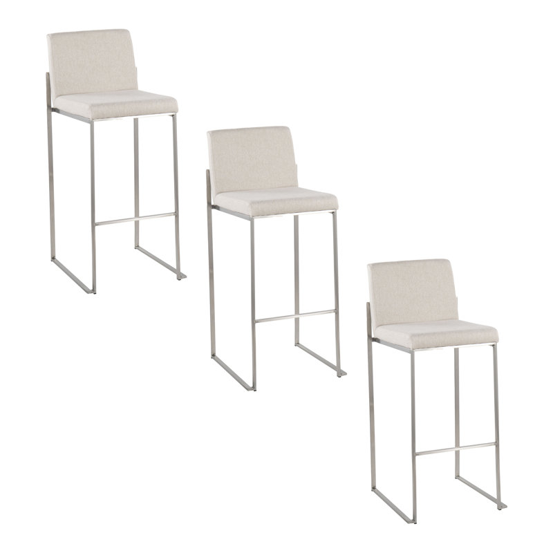 Brieon High Back Upholstered Bar & Counter Stool (Set of 3), Bar Stool (30" Seat Height), Beige Fabric/Stainless Steel