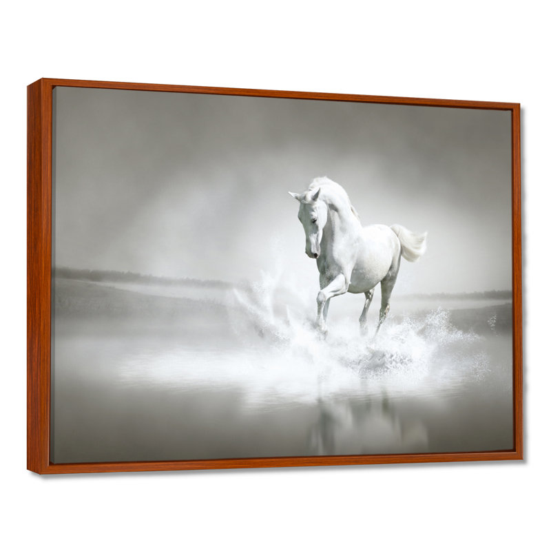 Cheval, reproduction d'art sur toile, cheval blanc qui court dans l'eau, H 16 po x l 32 po, Brun, Cadre flottant