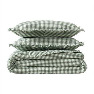 Laura Ashley Gracies Gingham Cotton Reversible Green King Quilt Set