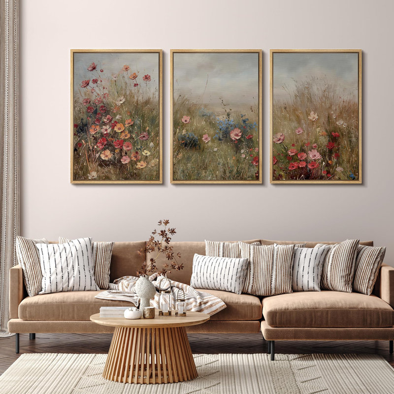 Pastoral Wildflower Fields Rustic Farmhouse Decor Artwork Wall Art Framed 3 Pieces Canvas Print, H 36 po x l 24 po x P 1,5 po