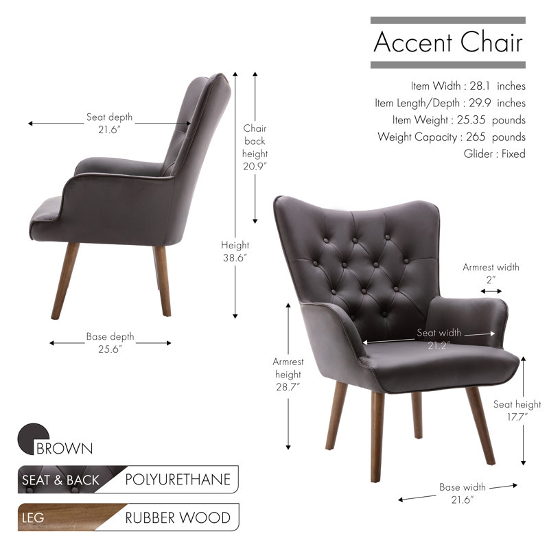 Arela PU Leather Upholstered Accent Chair with Rubberwood Legs, Brown Polyurethane
