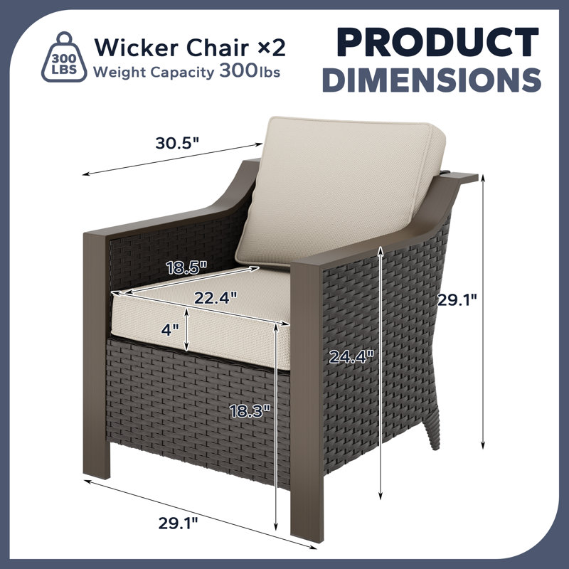 2-Piece All-Weather Wicker Patio Arm Chairs with Tufted Cushions, Fade Resistant, Beige