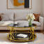 Table basse ronde avec plateau en verre trempé, structure en métal géométrique et tablette inférieure-570171076-570171078