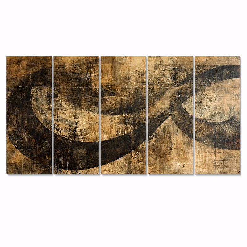Rivière, paysage, grunge, spirales abstraites, art mural 5 pièces, H 28 po x l 60 po