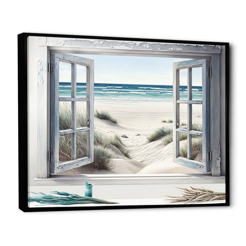 Fenêtre sur la plage III - art mural plage côtière, 30" H x 40" W, Cadre flottant noir